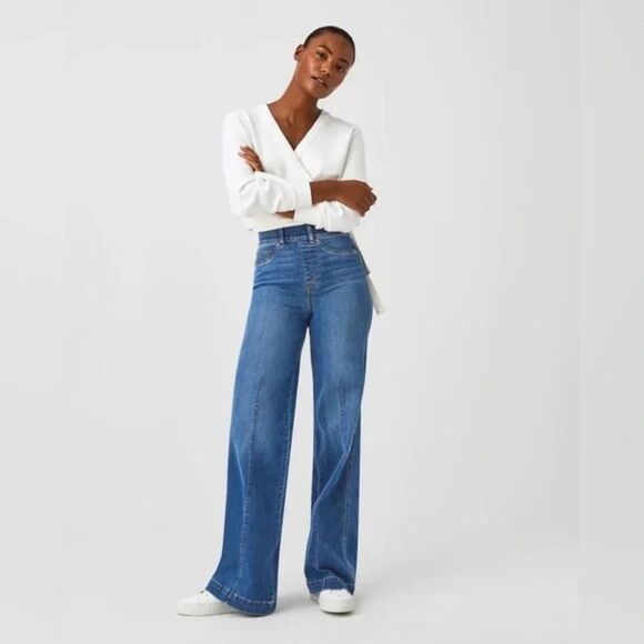 NWT SPANX 20407 Seamed Front Wide Leg in Vintage Indigo Pull-on Jeans Size XS - Picture 3 of 15
